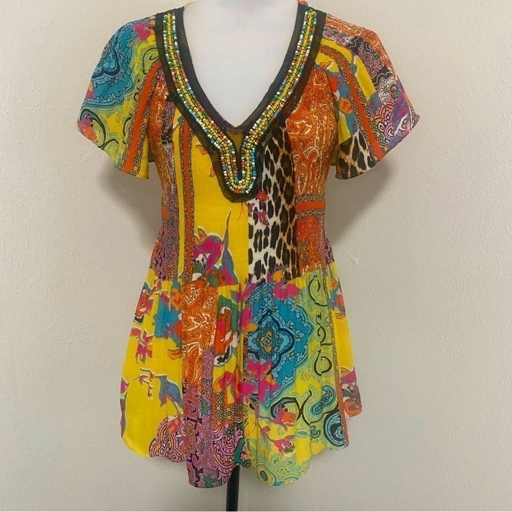 Melissa Paige Women’s Large Fun Colorful Beaded Top V-Neck Lightweight Cool